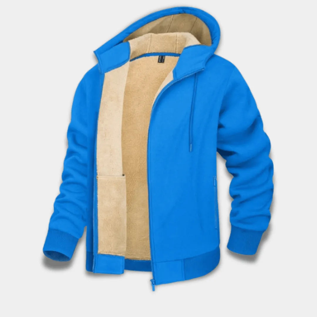 Men’s Sherpa-Lined Hoodie Jacket with Full Zip and Ribbed Trim-Light Blue