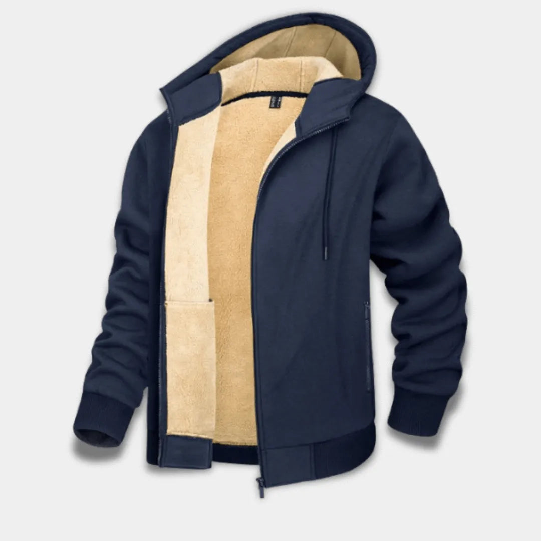 Men’s Sherpa-Lined Hoodie Jacket with Full Zip and Ribbed Trim-Navy