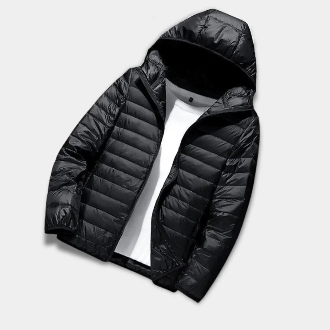 Men’s Slim Fit Hooded Puffer Jacket with Lightweight Water-Resistant Quilted Design-Black