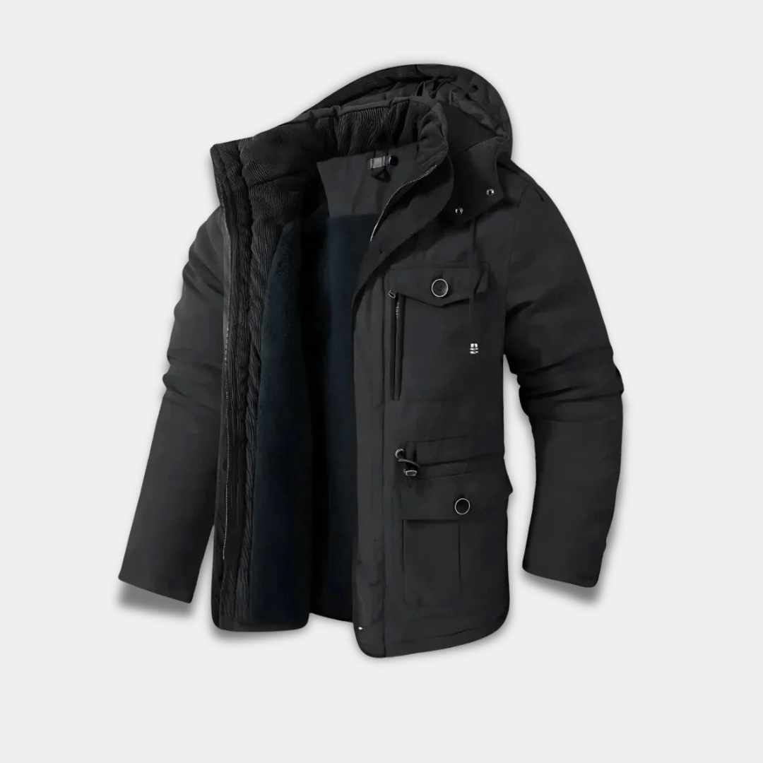 Men’s Waterproof Winter Parka with Fleece Lining and Detachable Hood-Black