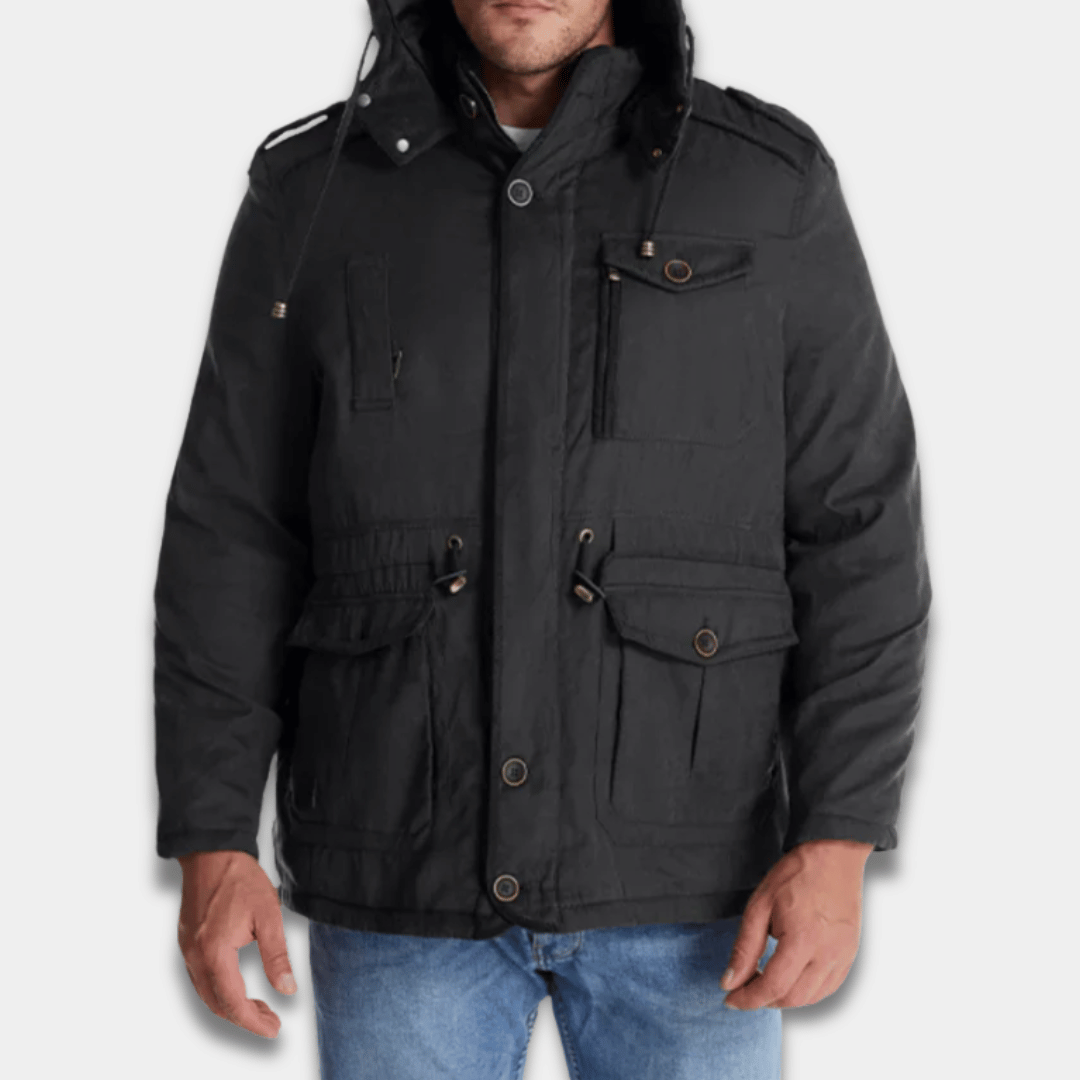 Men’s Waterproof Winter Parka with Fleece Lining and Detachable Hood-Black