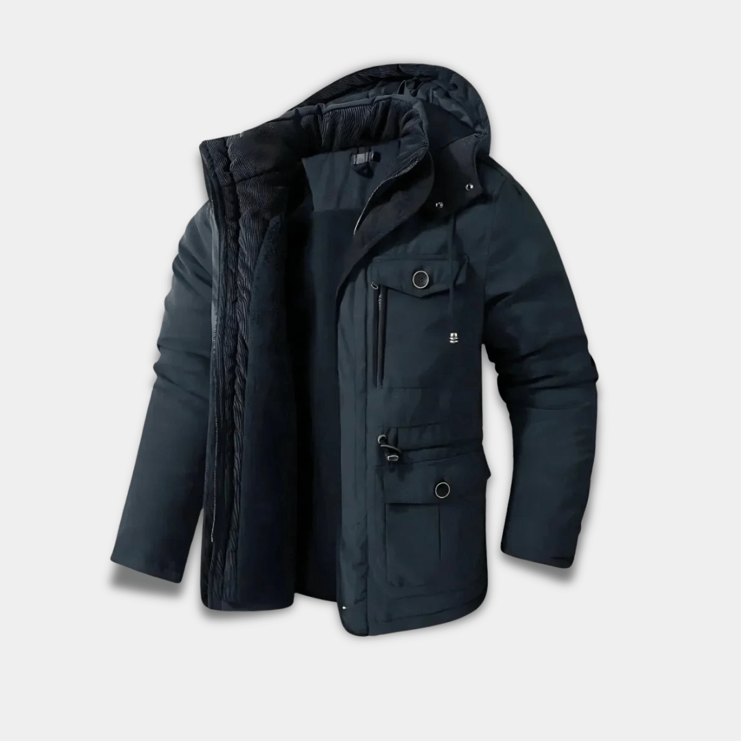 Men’s Waterproof Winter Parka with Fleece Lining and Detachable Hood-Navy Blue