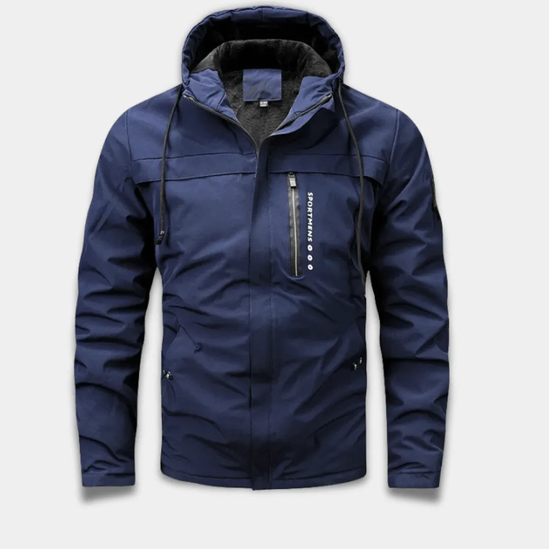 Men’s Windproof Water-Resistant Jacket with Fleece Hood and Zipped Pockets-Lanuvo