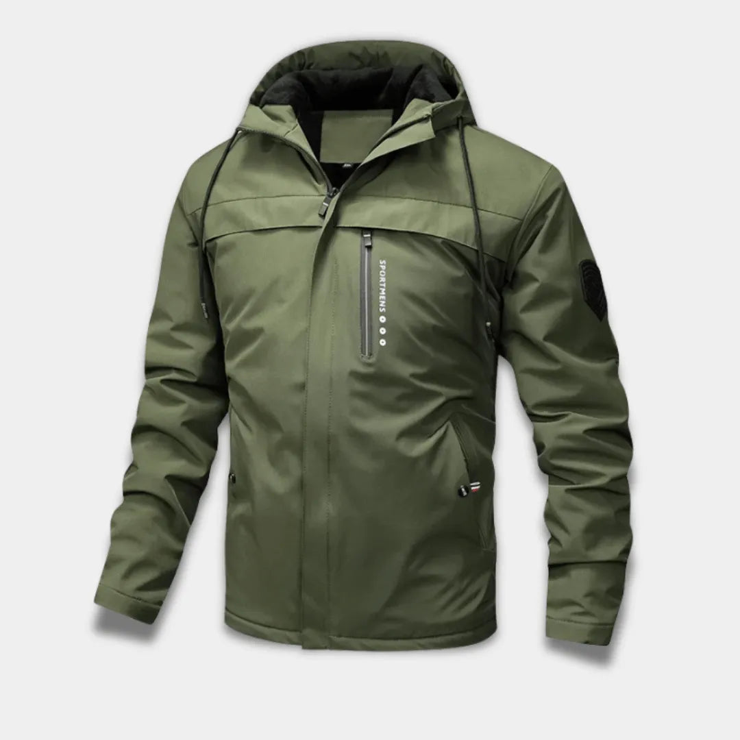Men’s Windproof Water-Resistant Jacket with Fleece Hood and Zipped Pockets-Lanuvo