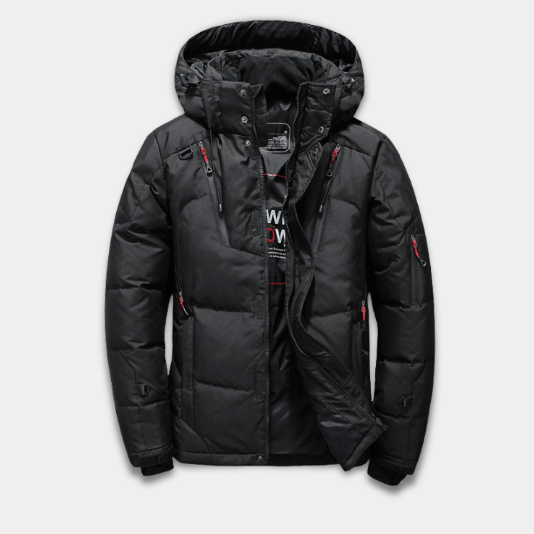 Men’s puffer jacket with water-repellent finish, adjustable hood and zipped pockets-Black