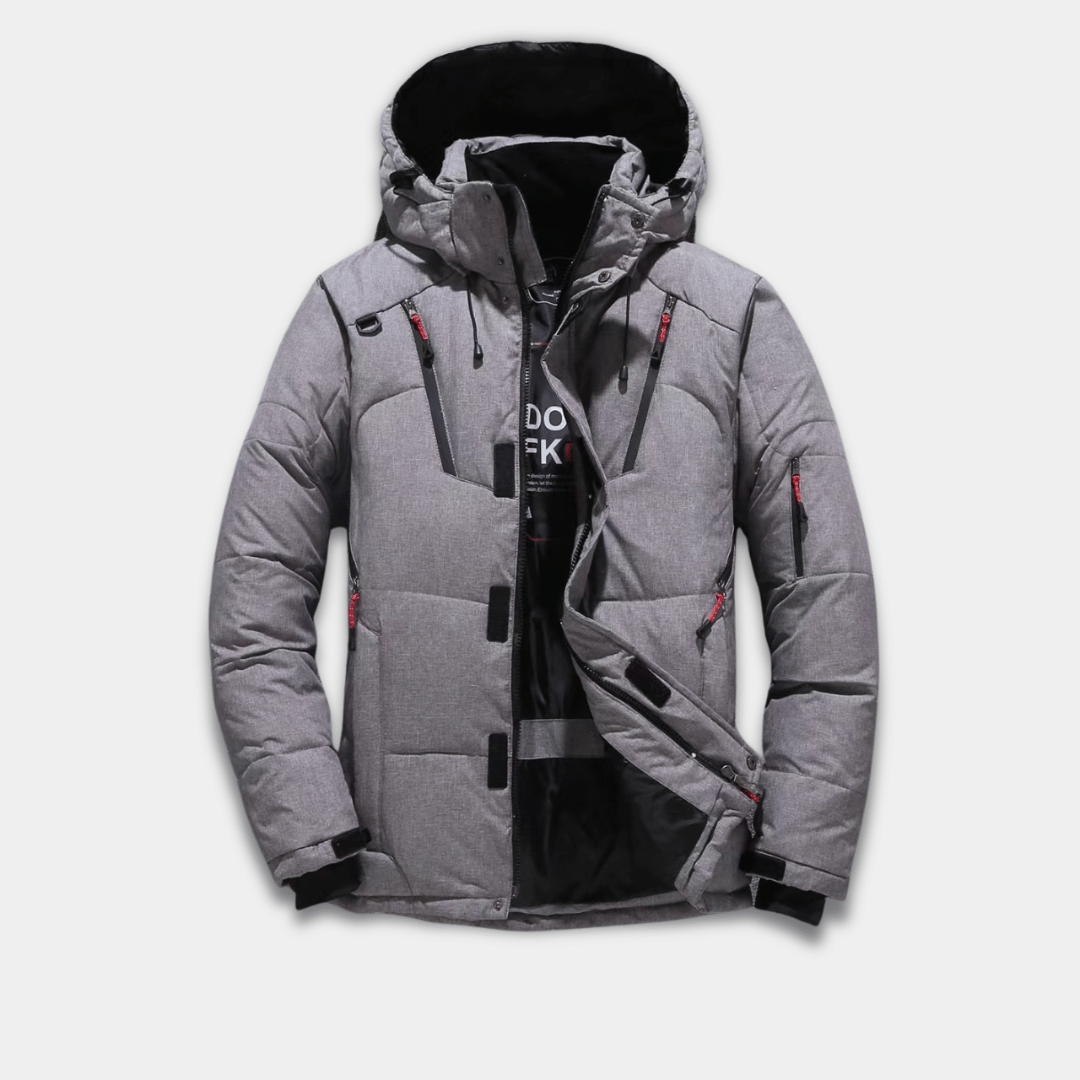 Men’s puffer jacket with water-repellent finish, adjustable hood and zipped pockets-Grey