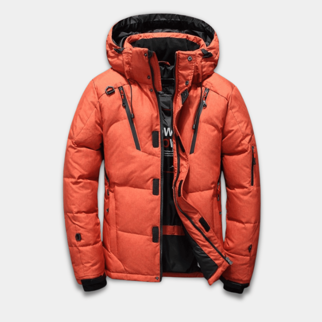 Men’s puffer jacket with water-repellent finish, adjustable hood and zipped pockets-Orange