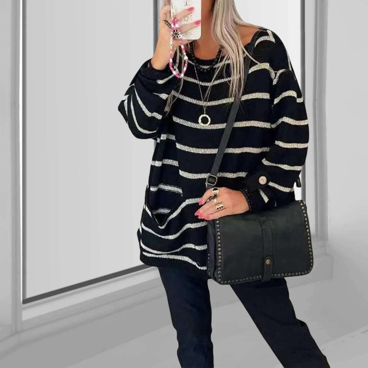 Oversized Striped Knitted Jumper for Women with Front Pockets | Mae-Black