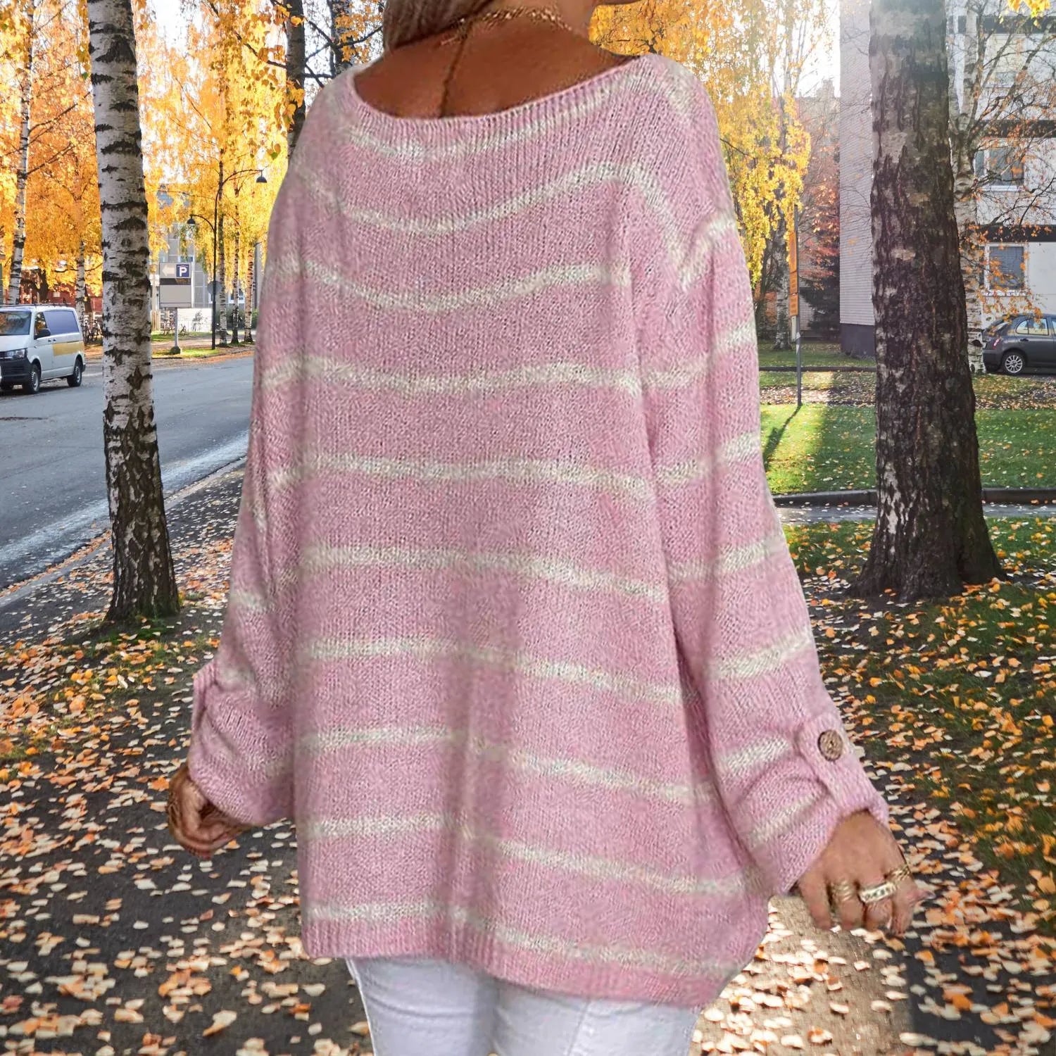 Oversized Striped Knitted Jumper for Women with Front Pockets | Mae-Pink