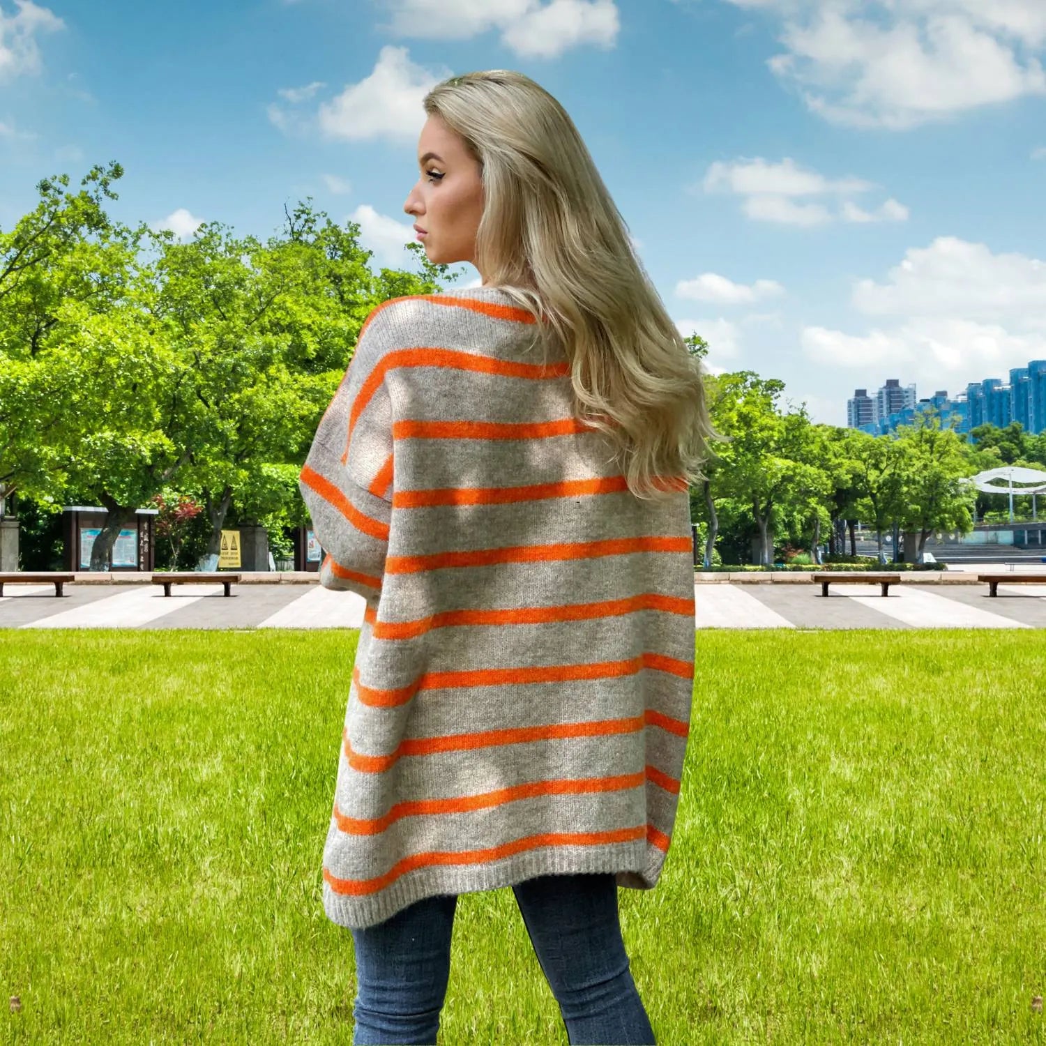 Oversized Striped Knitted Jumper for Women with Front Pockets | Mae-Grey