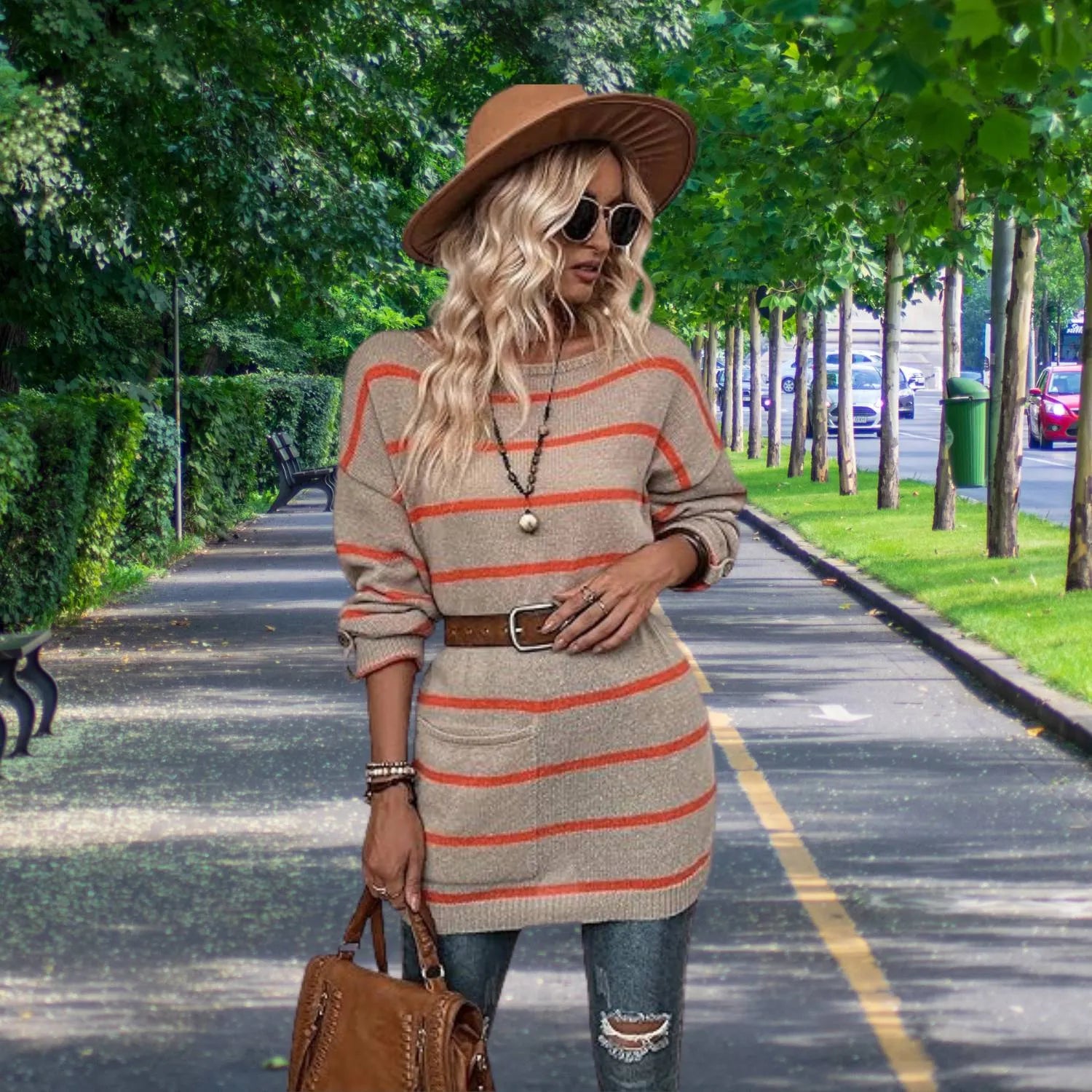 Oversized Striped Knitted Jumper for Women with Front Pockets | Mae-Grey