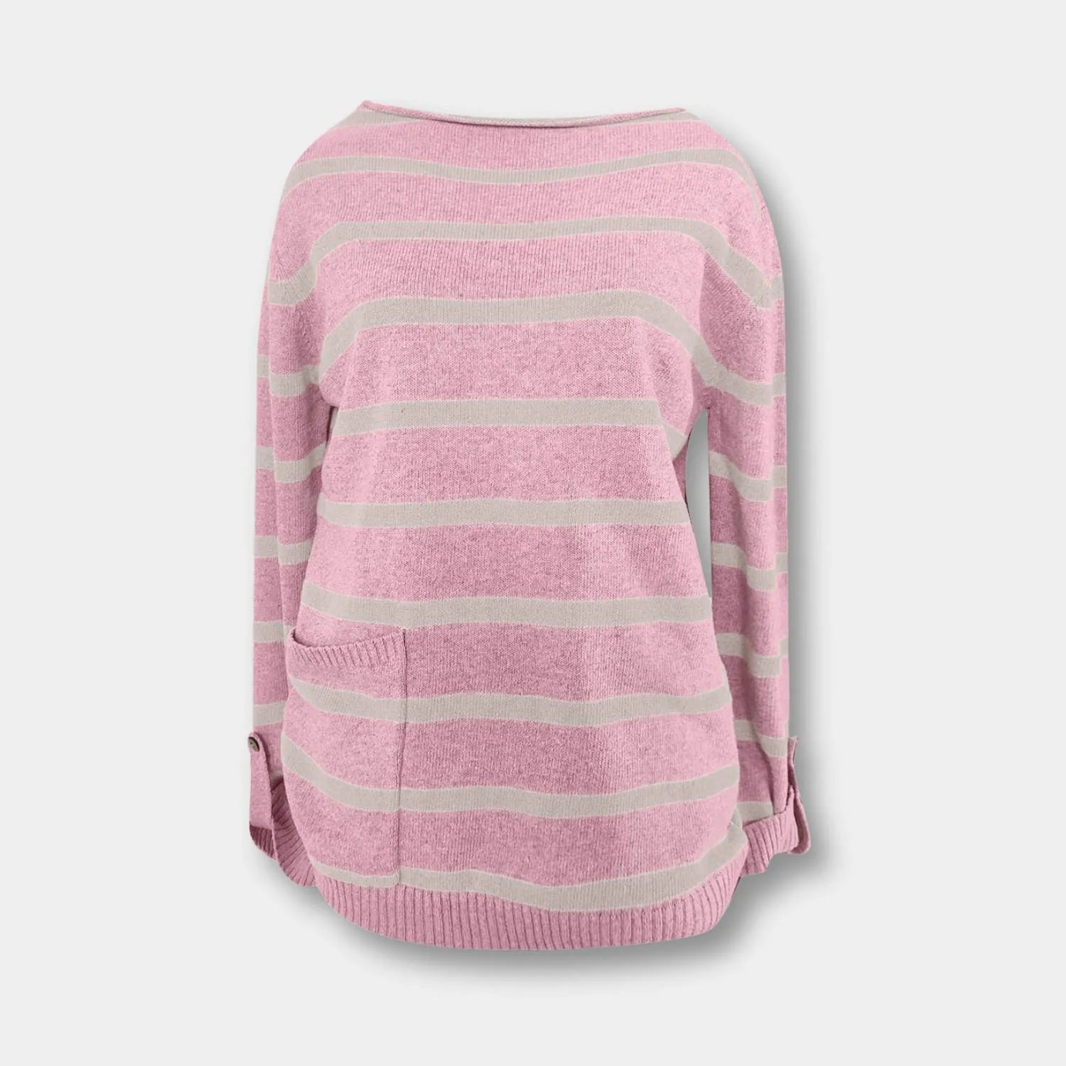 Oversized Striped Knitted Jumper for Women with Front Pockets | Mae-Pink