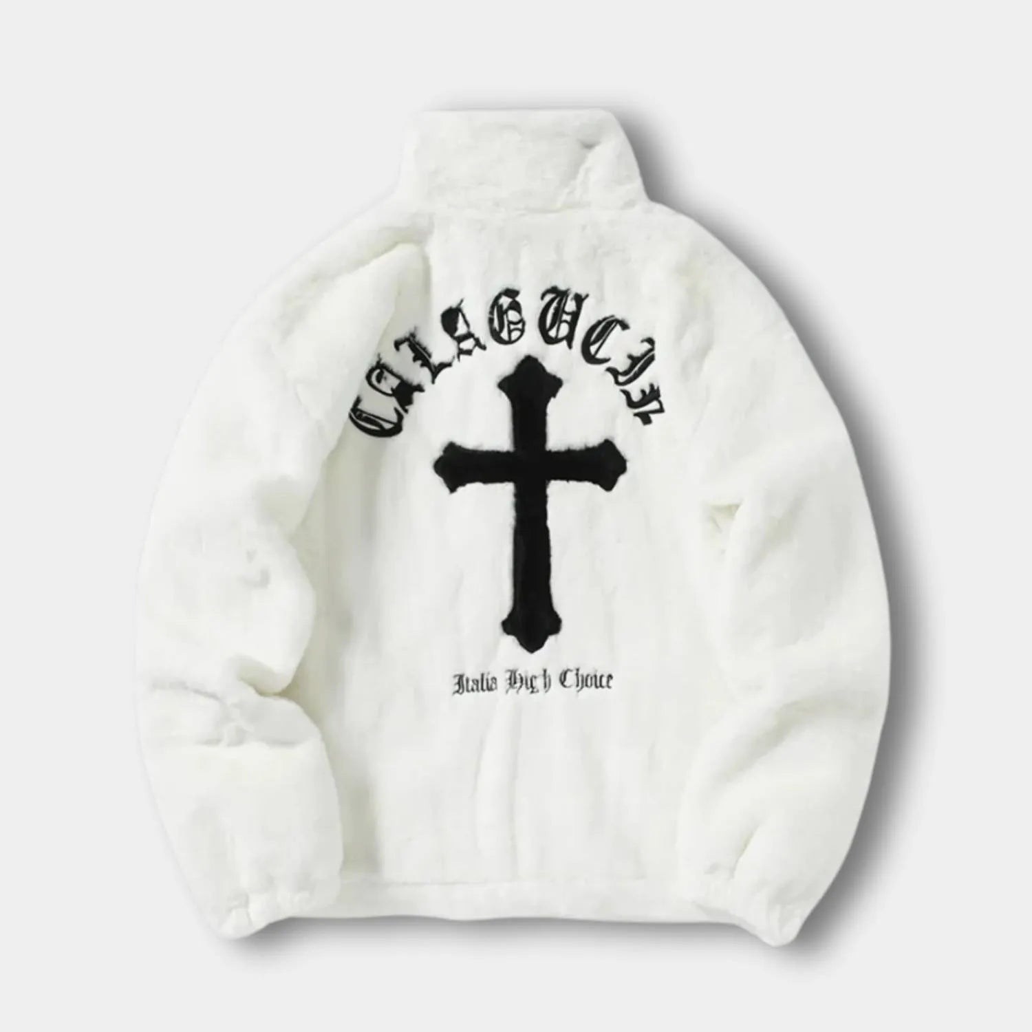 Plush Faux Fur Jacket for Men with Embroidered Cross Design and High Collar | Danilo-White