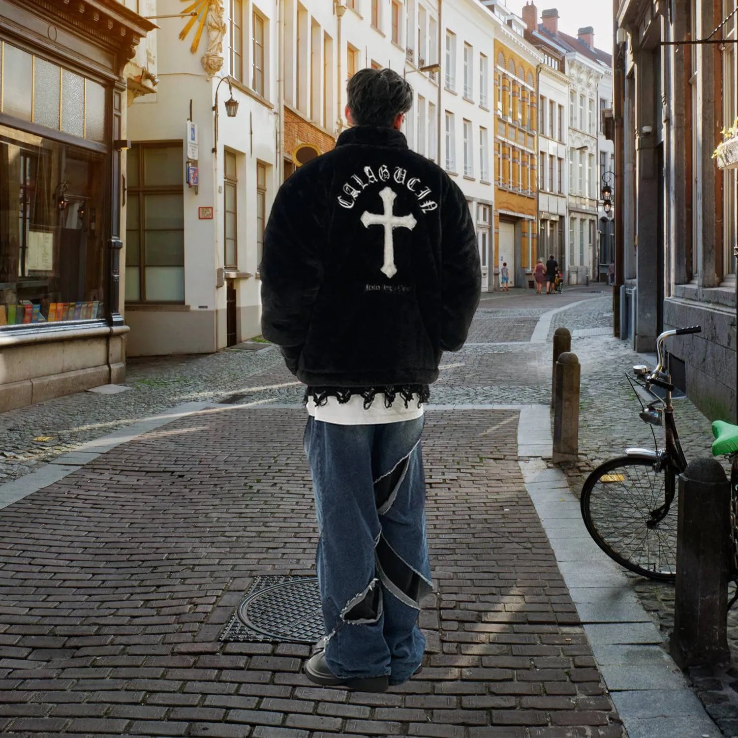 Plush Faux Fur Jacket for Men with Embroidered Cross Design and High Collar | Danilo-Black
