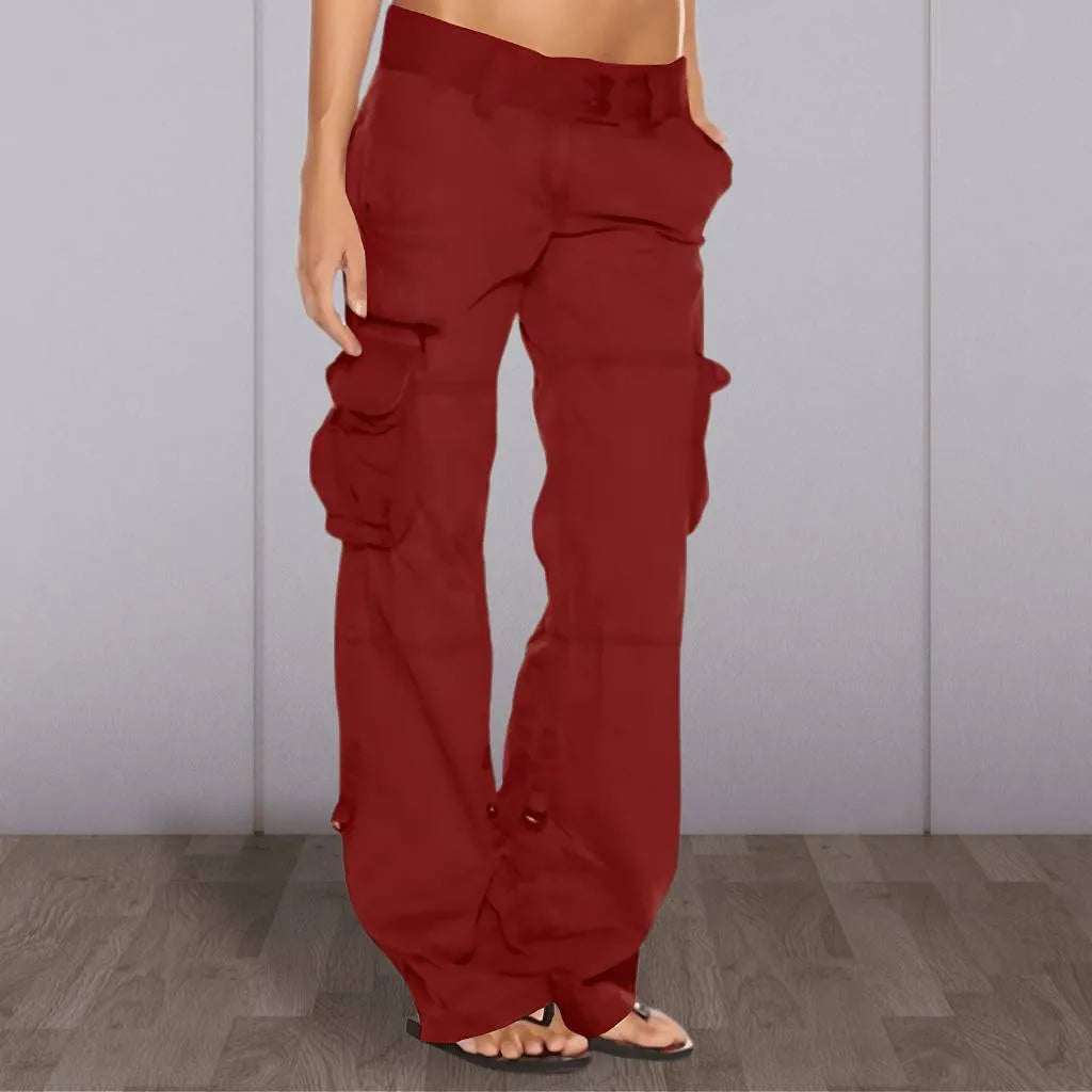 Retro Cargo Trousers for Women with Adjustable Waist and Large Pockets-Red