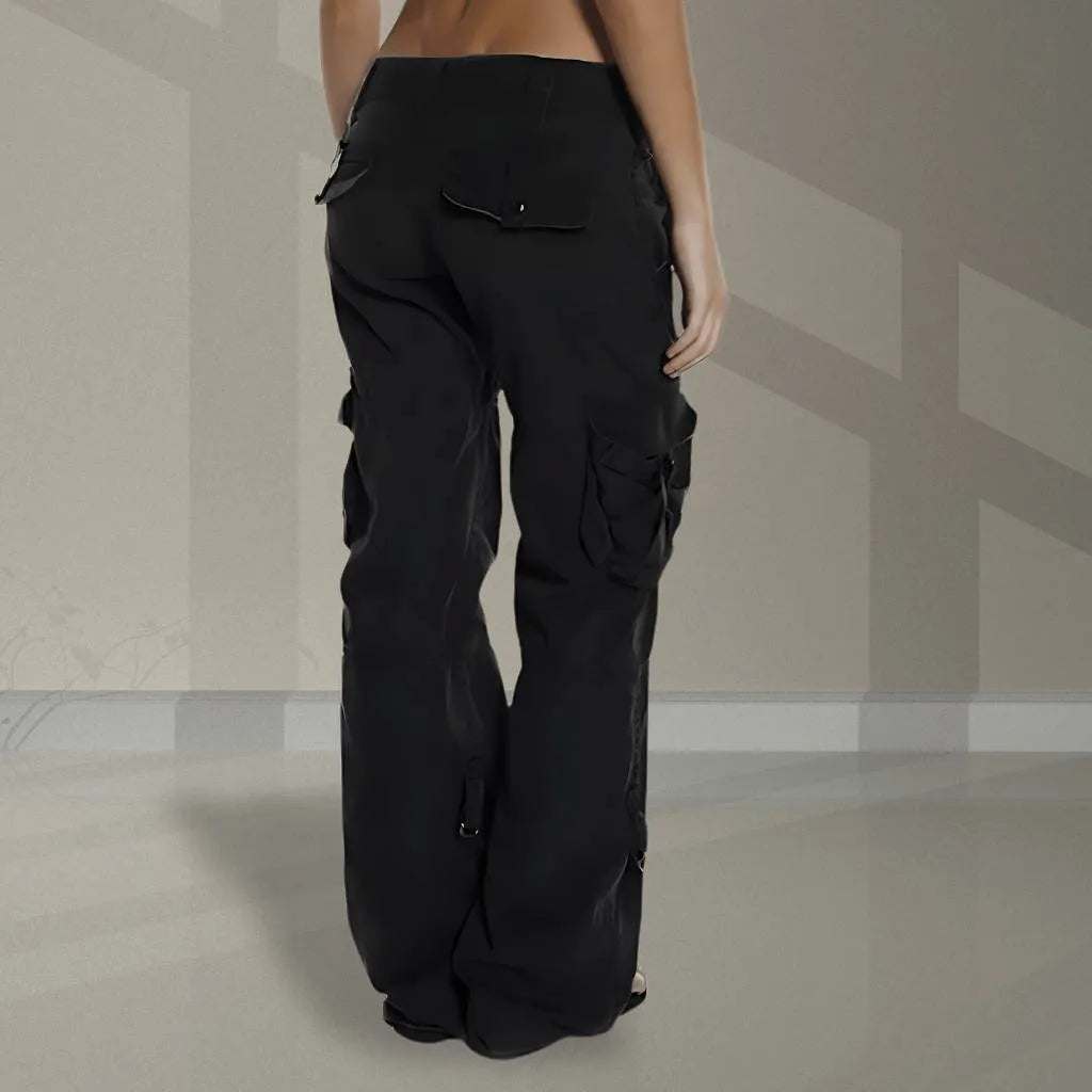 Retro Cargo Trousers for Women with Adjustable Waist and Large Pockets-Black
