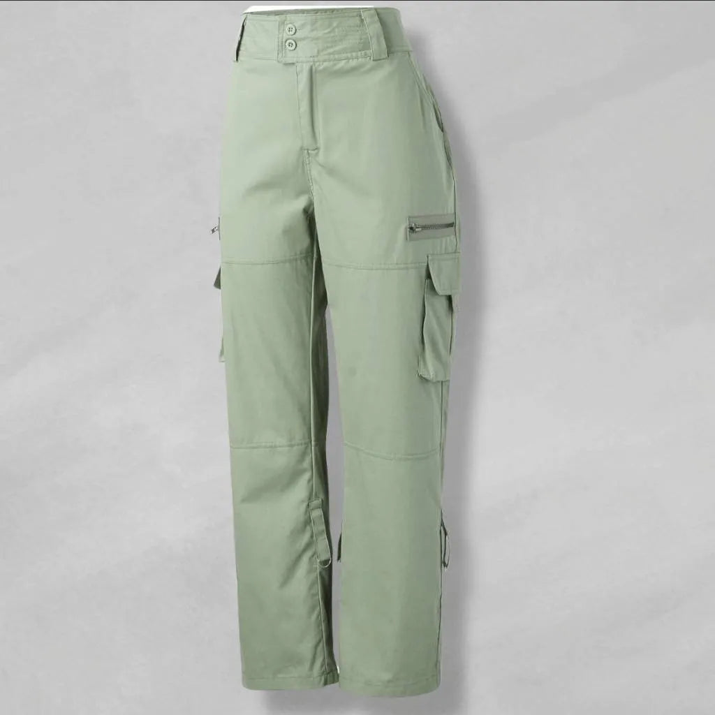 Retro Cargo Trousers for Women with Adjustable Waist and Large Pockets-Green