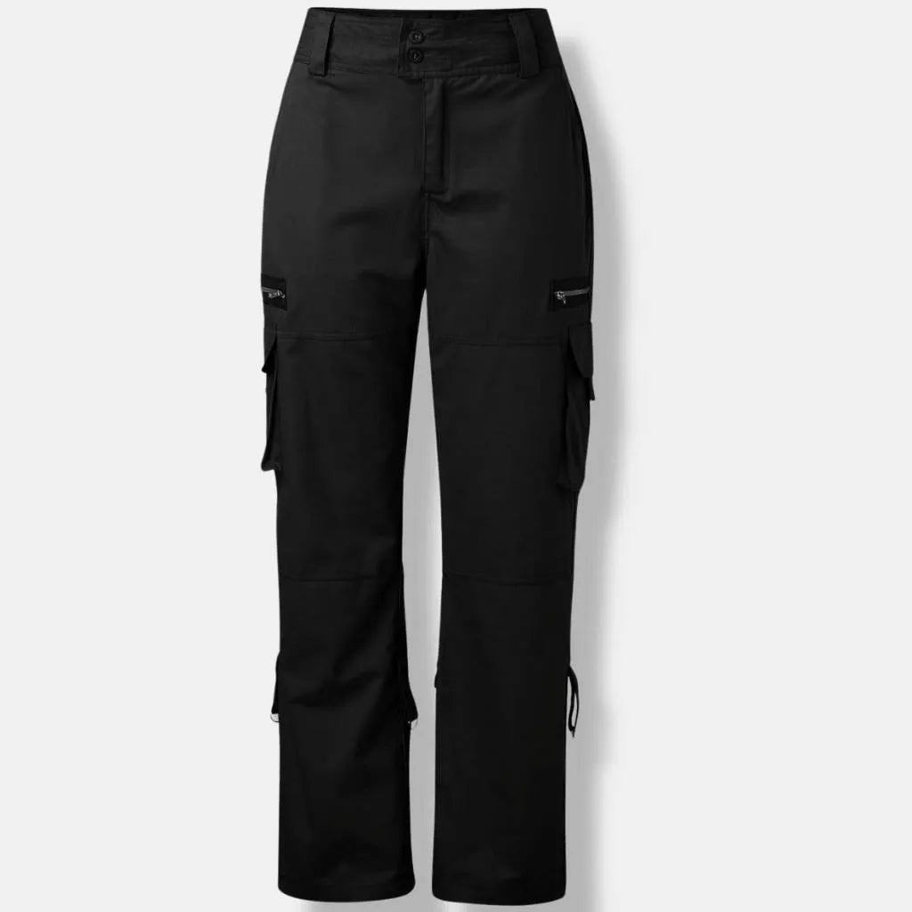 Retro Cargo Trousers for Women with Adjustable Waist and Large Pockets-Black