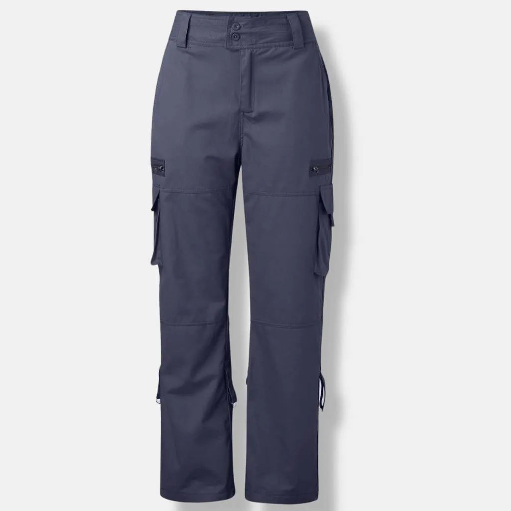 Retro Cargo Trousers for Women with Adjustable Waist and Large Pockets-Blue