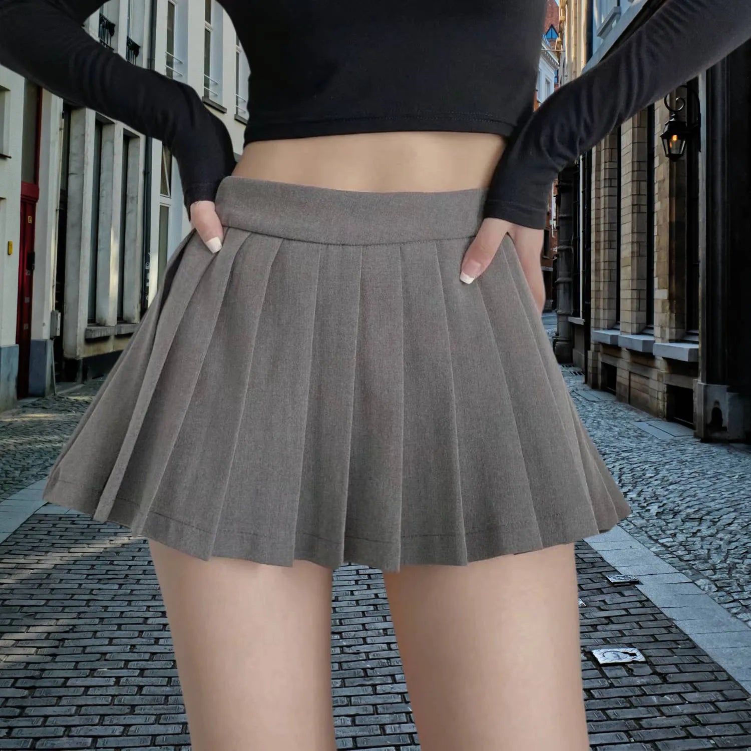 Retro Pleated High-Waisted Skirt for Women with Built-in Shorts | Christa-Grey