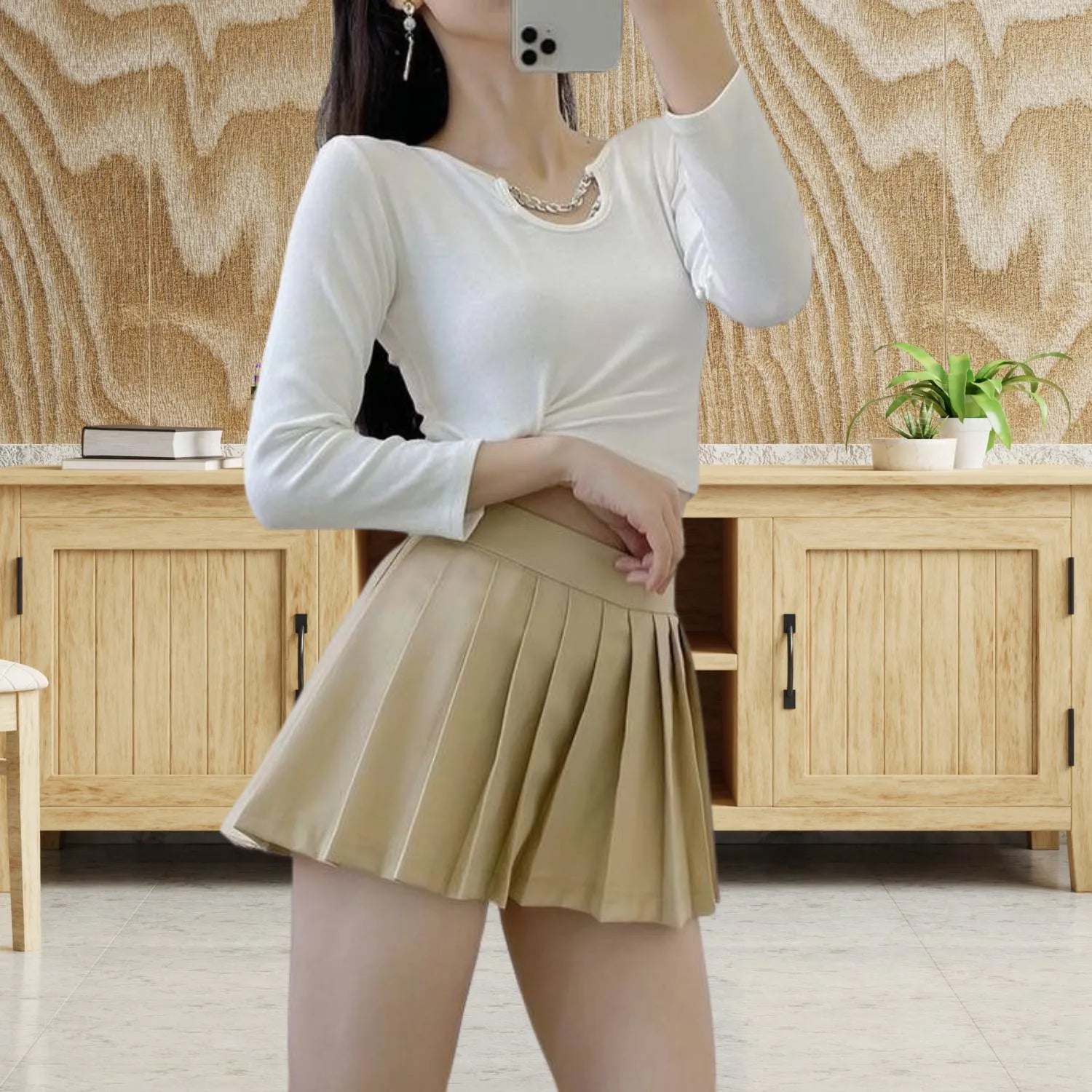 Retro Pleated High-Waisted Skirt for Women with Built-in Shorts | Christa-Apricot