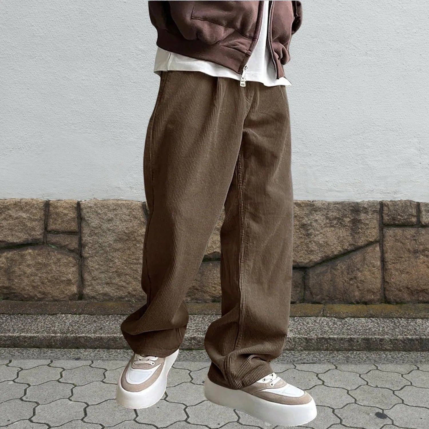 Ribbed Loose-fit Corduroy Trousers for Men with Elastic Waistband-Dark Brown