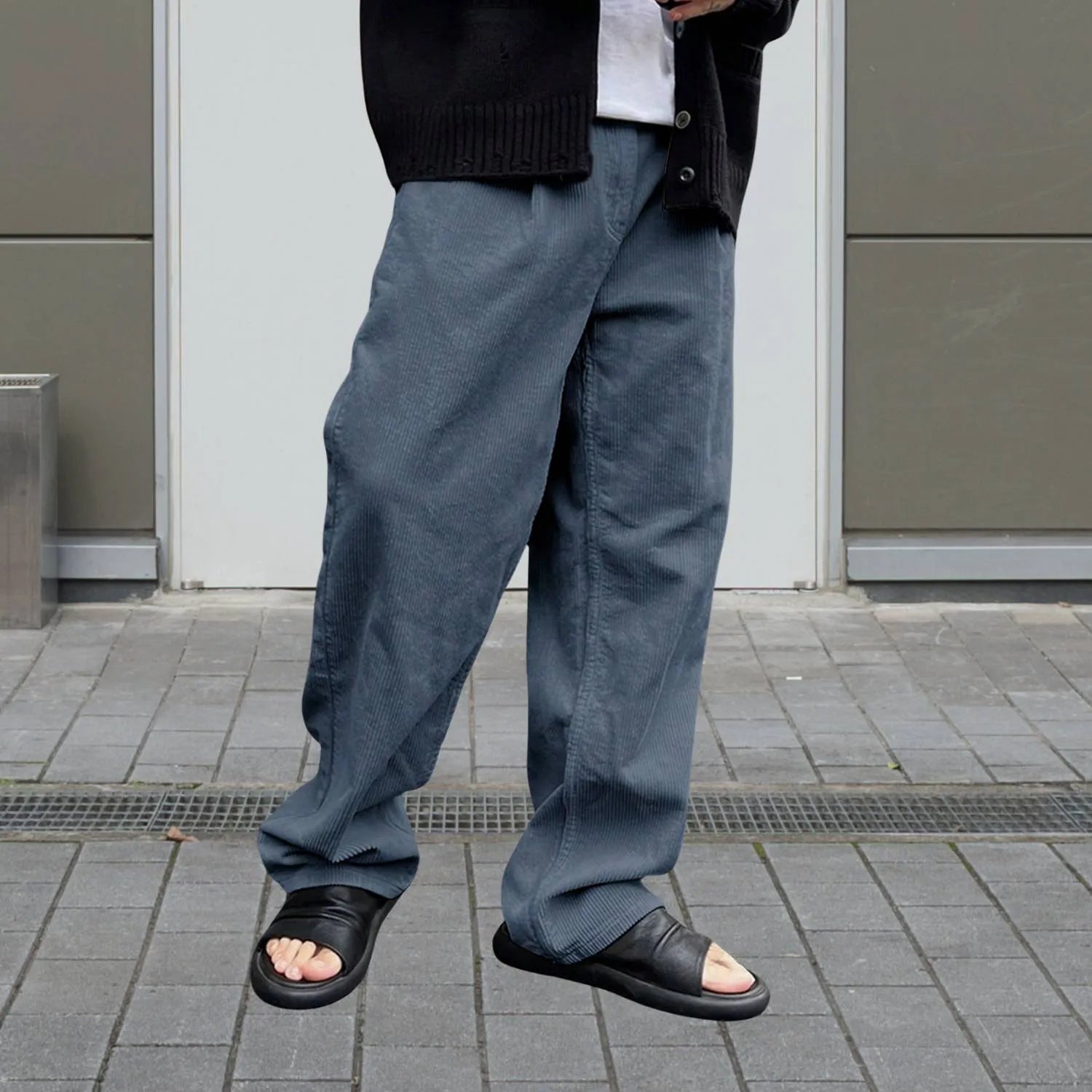 Ribbed Loose-fit Corduroy Trousers for Men with Elastic Waistband-Blue