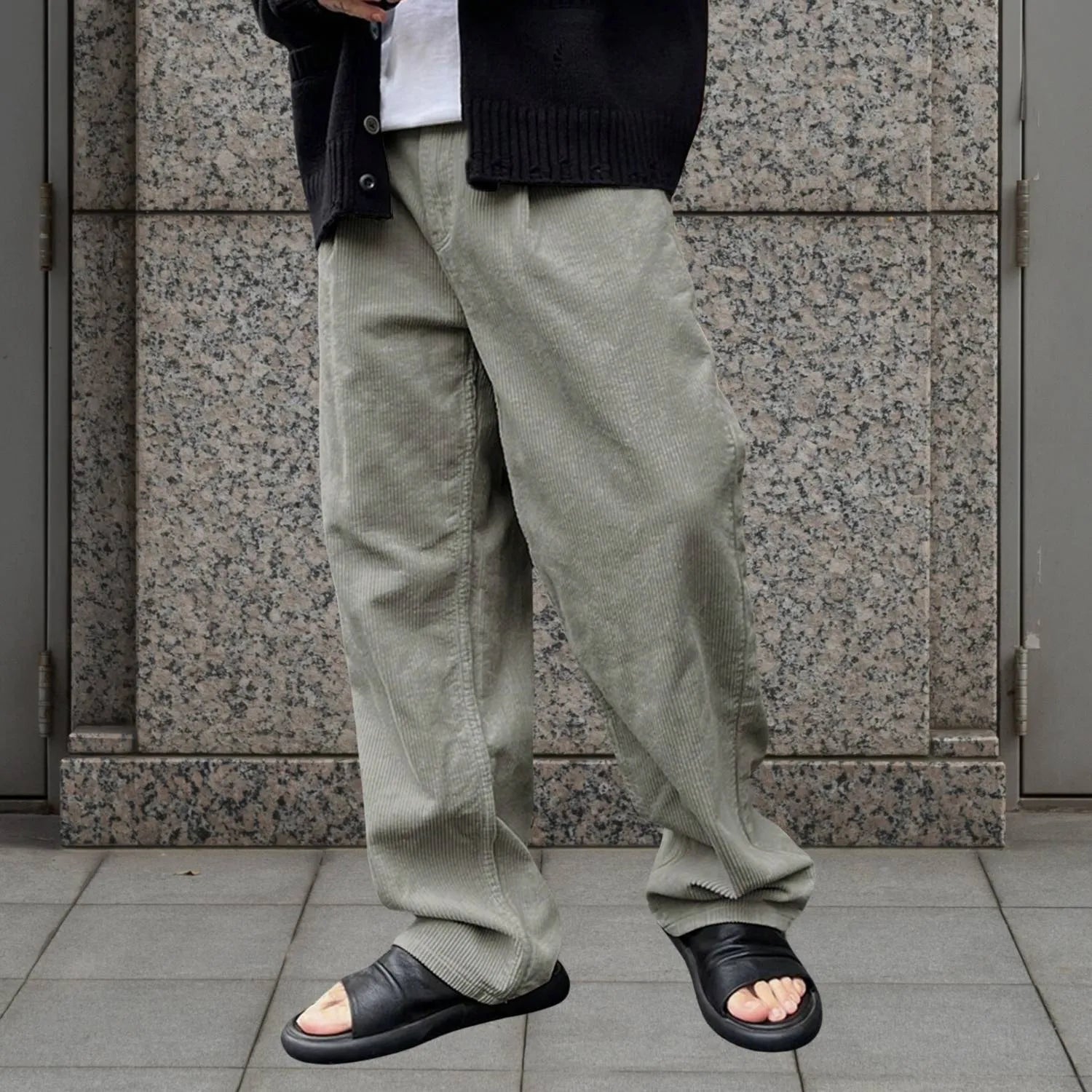 Ribbed Loose-fit Corduroy Trousers for Men with Elastic Waistband-Light Grey