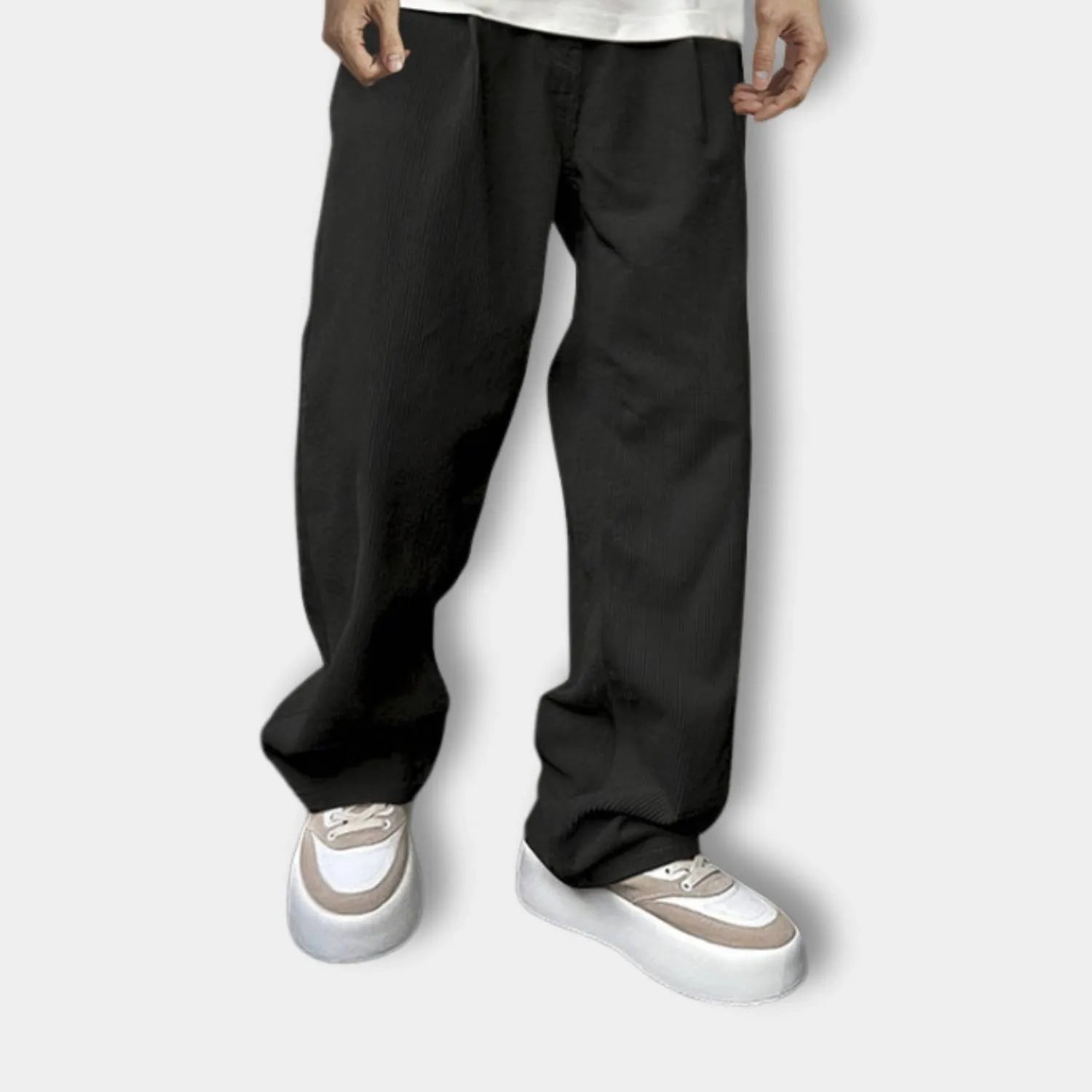 Ribbed Loose-fit Corduroy Trousers for Men with Elastic Waistband-Black