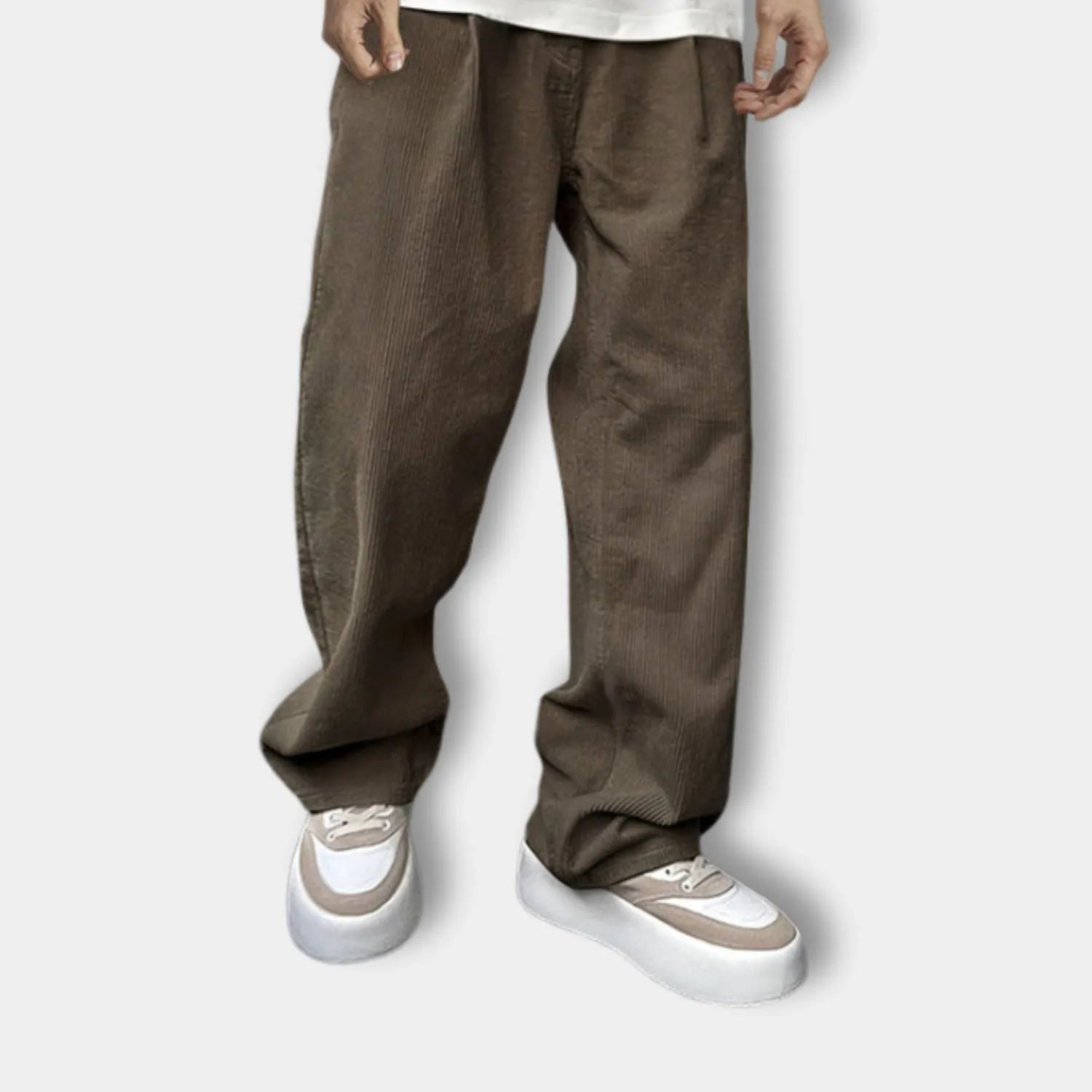 Ribbed Loose-fit Corduroy Trousers for Men with Elastic Waistband-Dark Brown