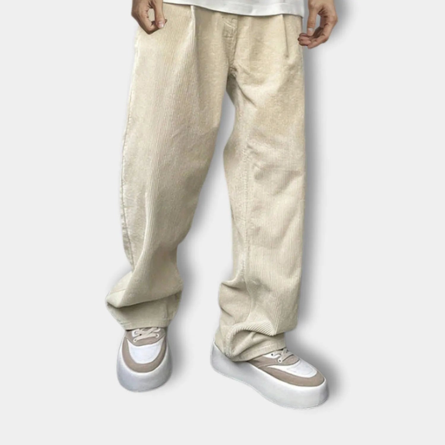 Ribbed Loose-fit Corduroy Trousers for Men with Elastic Waistband-Khaki