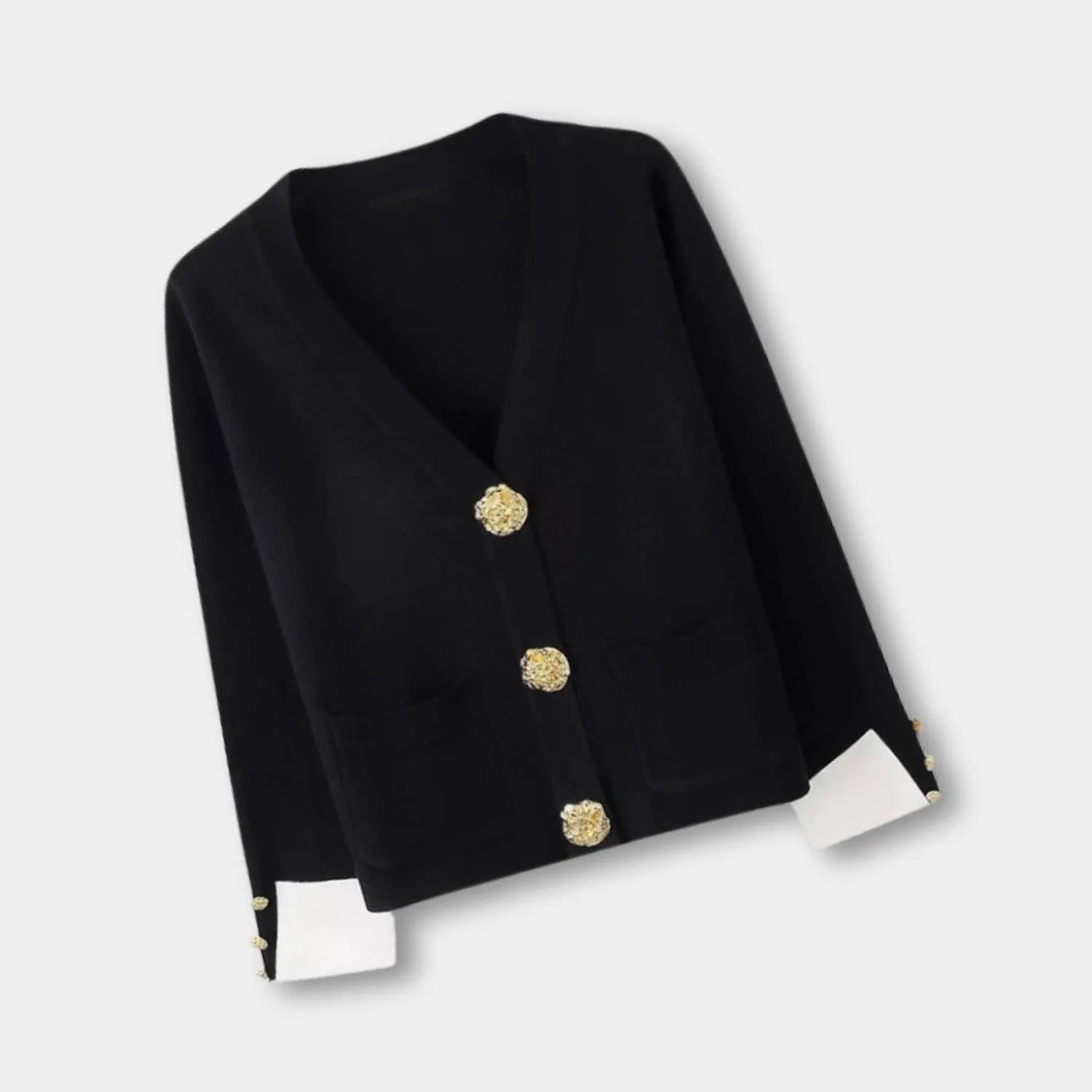V-neck Knitted Cardigan for Women with Contrasting Gold-Coloured Buttons | Dora-Black