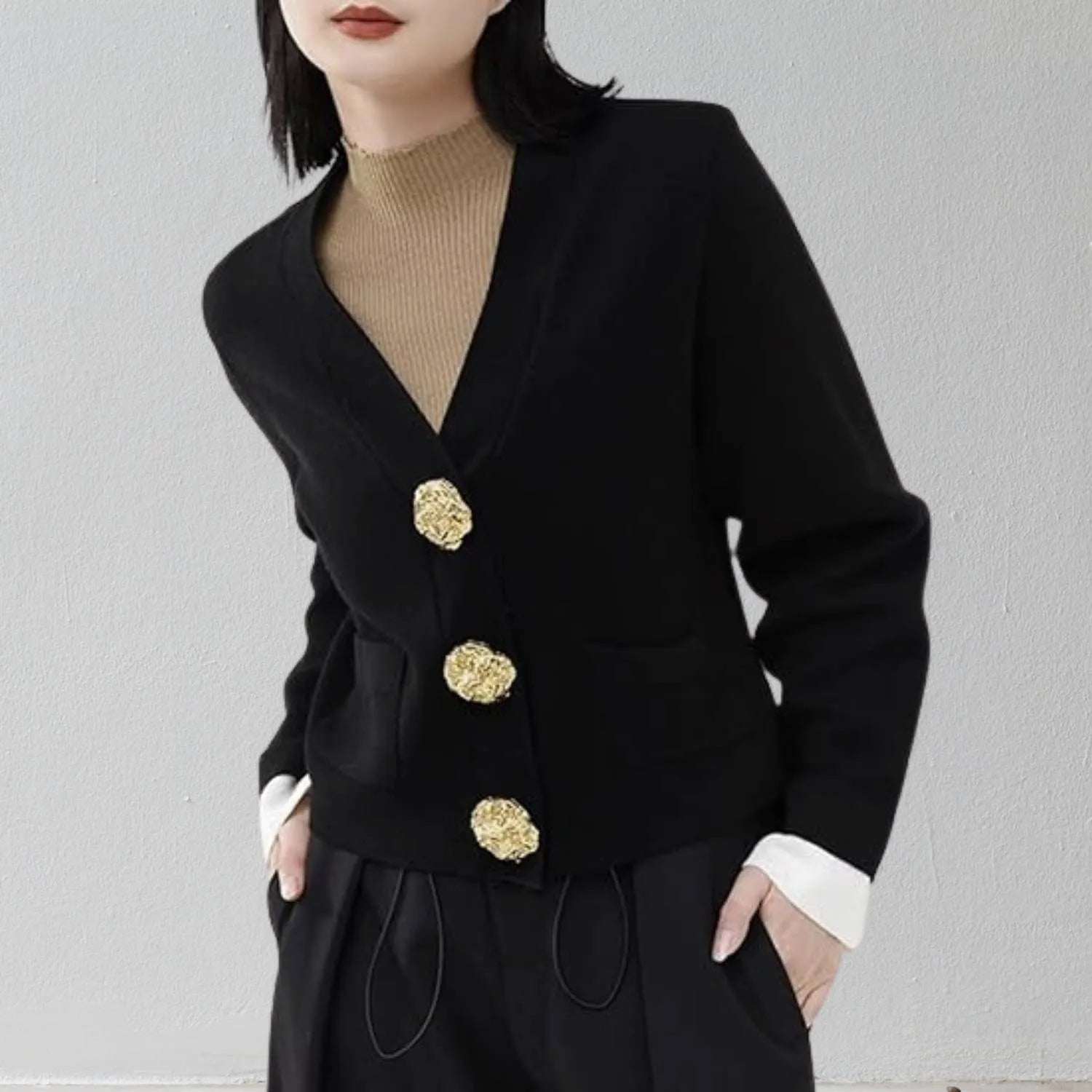 V-neck Knitted Cardigan for Women with Contrasting Gold-Coloured Buttons | Dora-Black