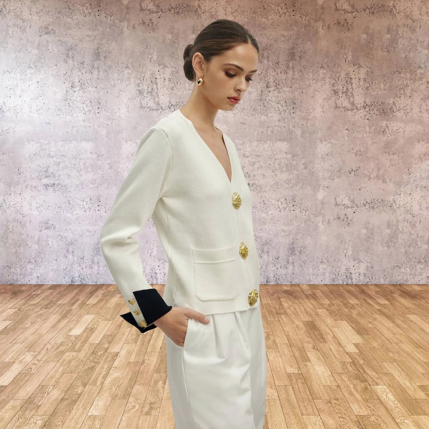 V-neck Knitted Cardigan for Women with Contrasting Gold-Coloured Buttons | Dora-White