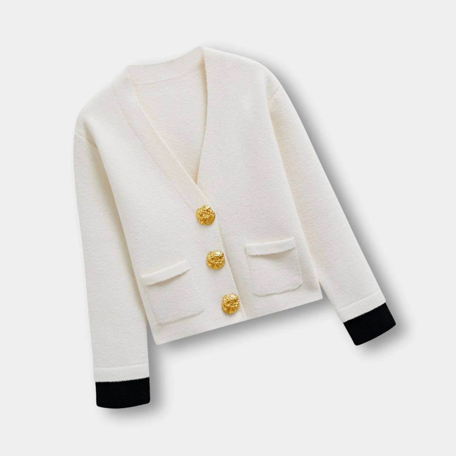 V-neck Knitted Cardigan for Women with Contrasting Gold-Coloured Buttons | Dora-White