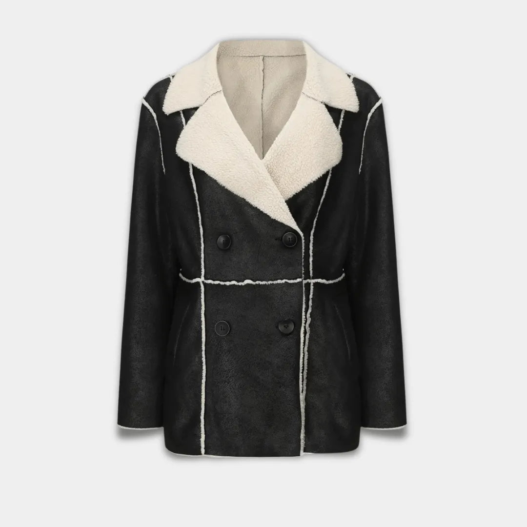 Women’s Double-Breasted Faux Suede Coat with Sherpa Lining-Black