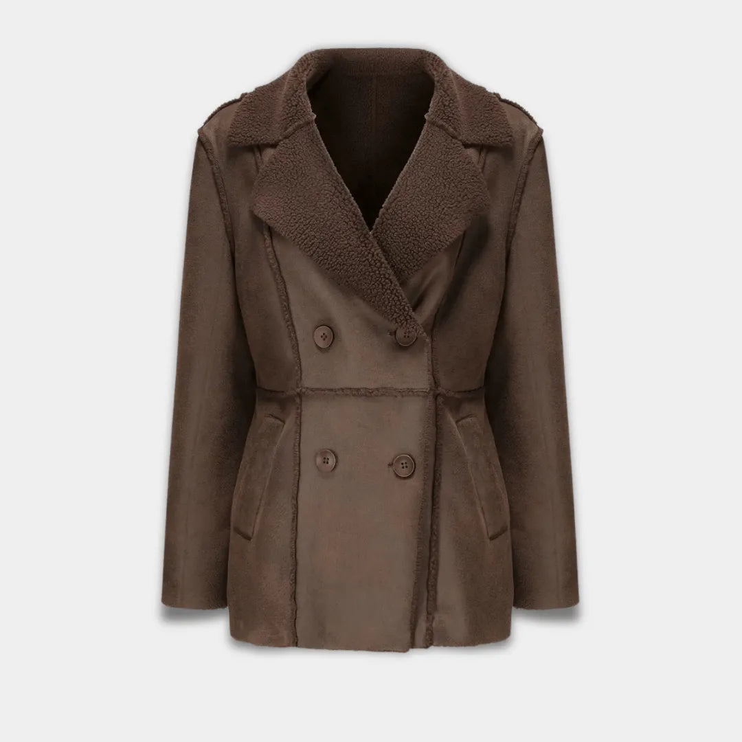 Women’s Double-Breasted Faux Suede Coat with Sherpa Lining-Brown
