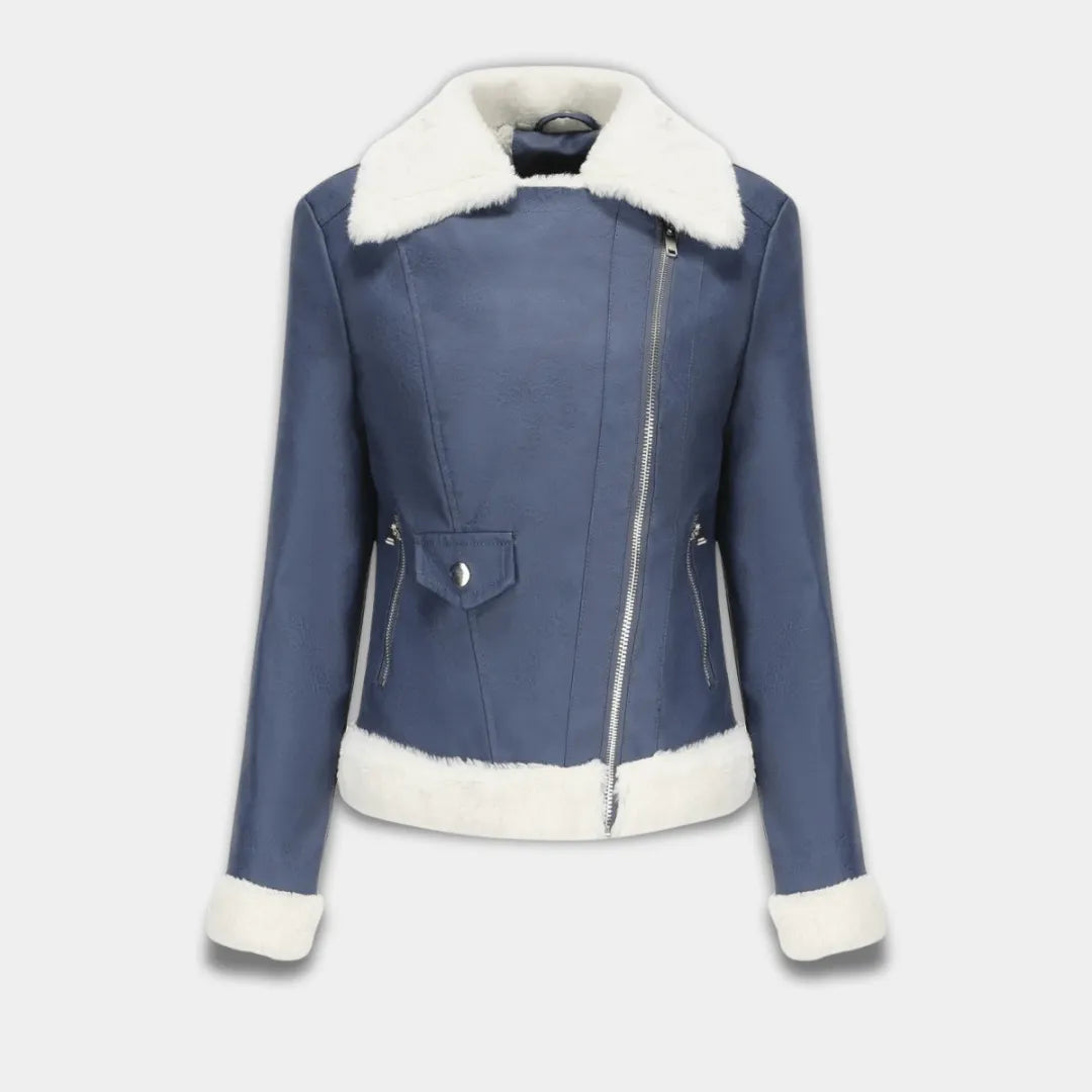 Women’s Faux Leather Jacket with Faux Fur Trim and Asymmetrical Zip-Lanuvo