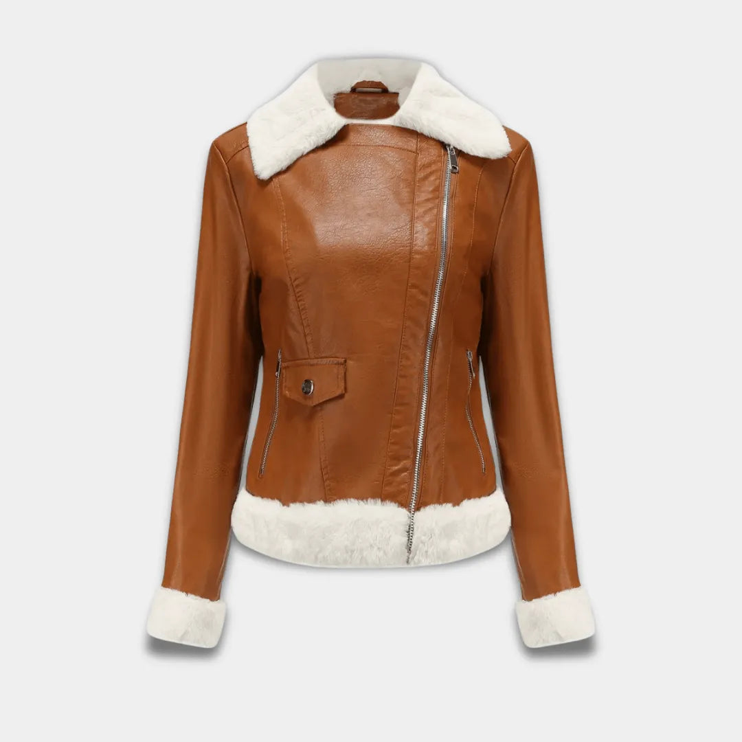 Women’s Faux Leather Jacket with Faux Fur Trim and Asymmetrical Zip-Lanuvo