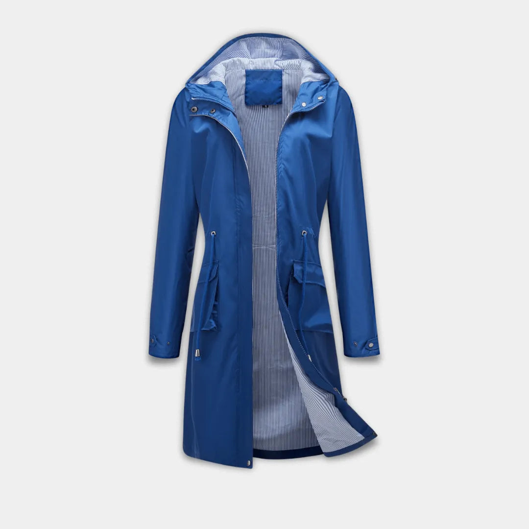 Women’s Longline Hooded Jacket with Adjustable Waist and Water-Resistant Fabric-Blue