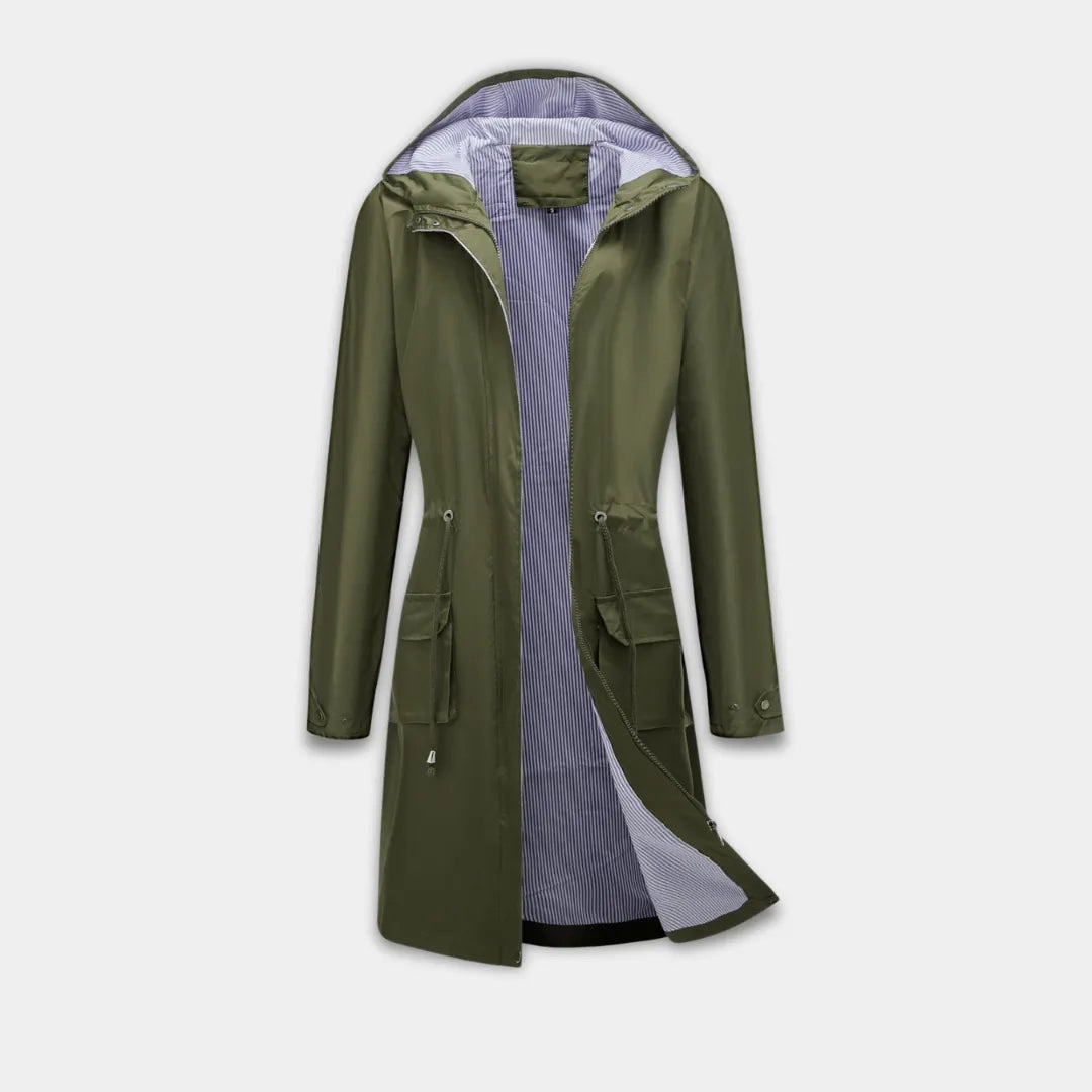 Women’s Longline Hooded Jacket with Adjustable Waist and Water-Resistant Fabric-Green