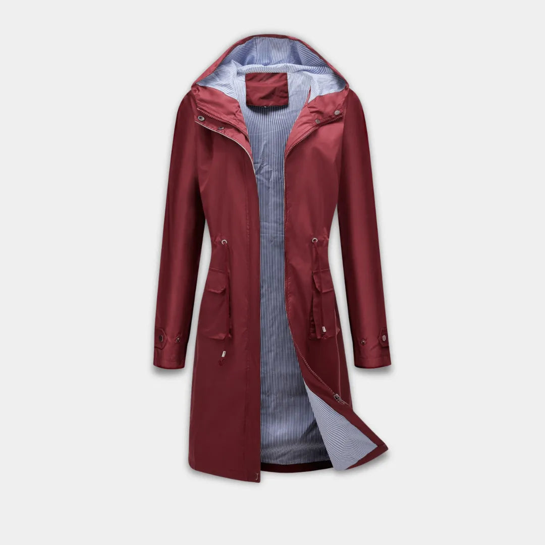 Women’s Longline Hooded Jacket with Adjustable Waist and Water-Resistant Fabric-Red
