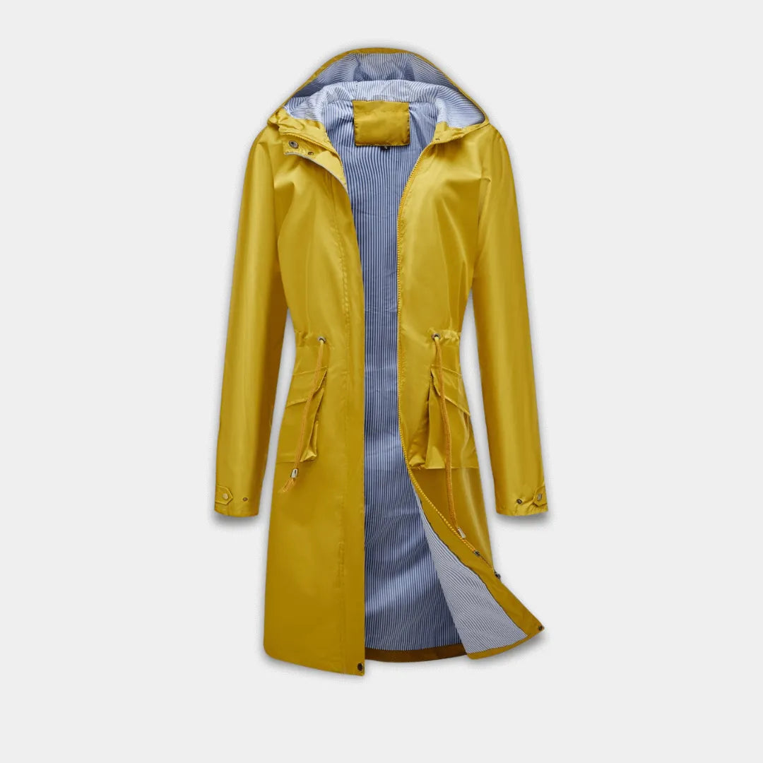 Women’s Longline Hooded Jacket with Adjustable Waist and Water-Resistant Fabric-Yellow
