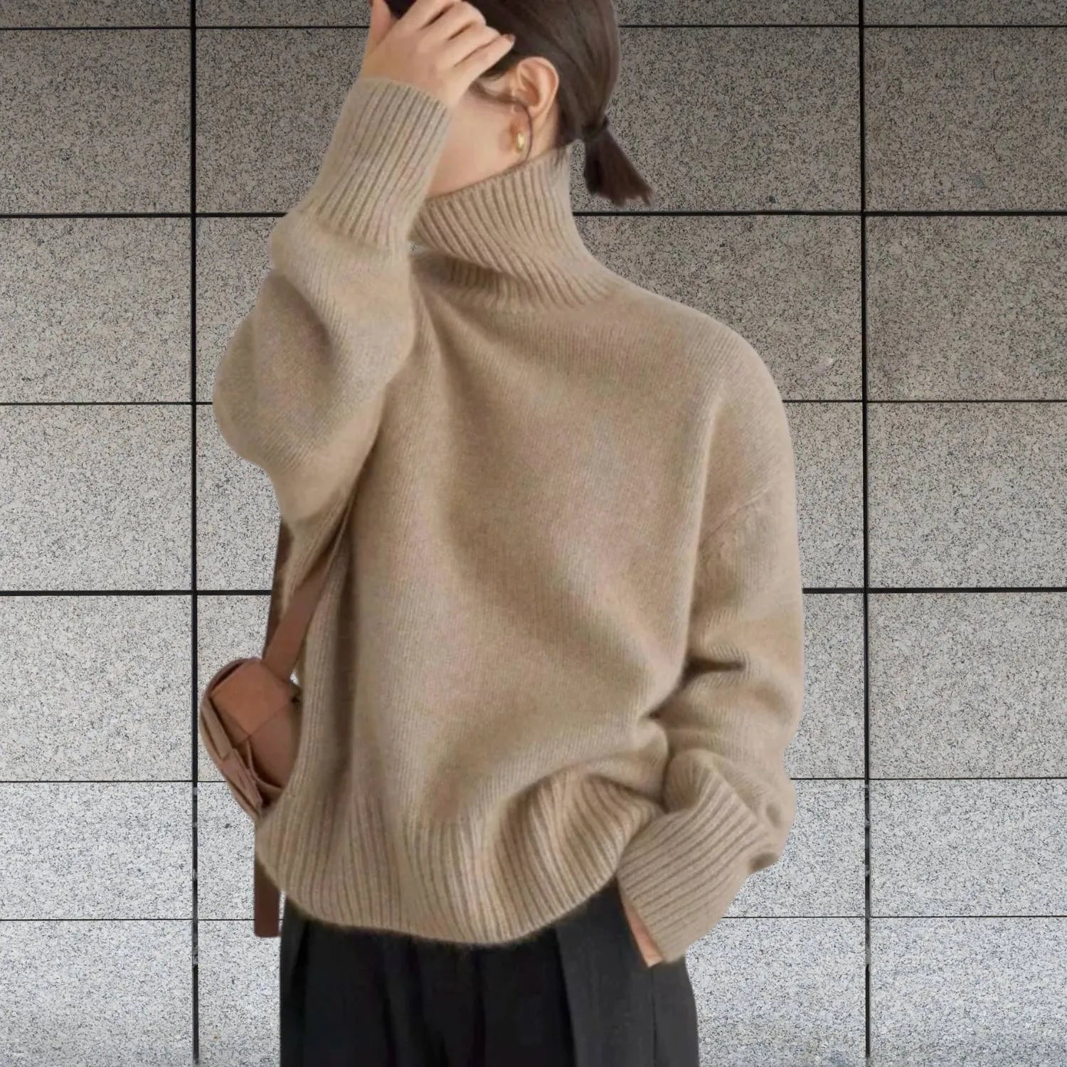 Women's Loose Fit Turtleneck Sweater-Khaki