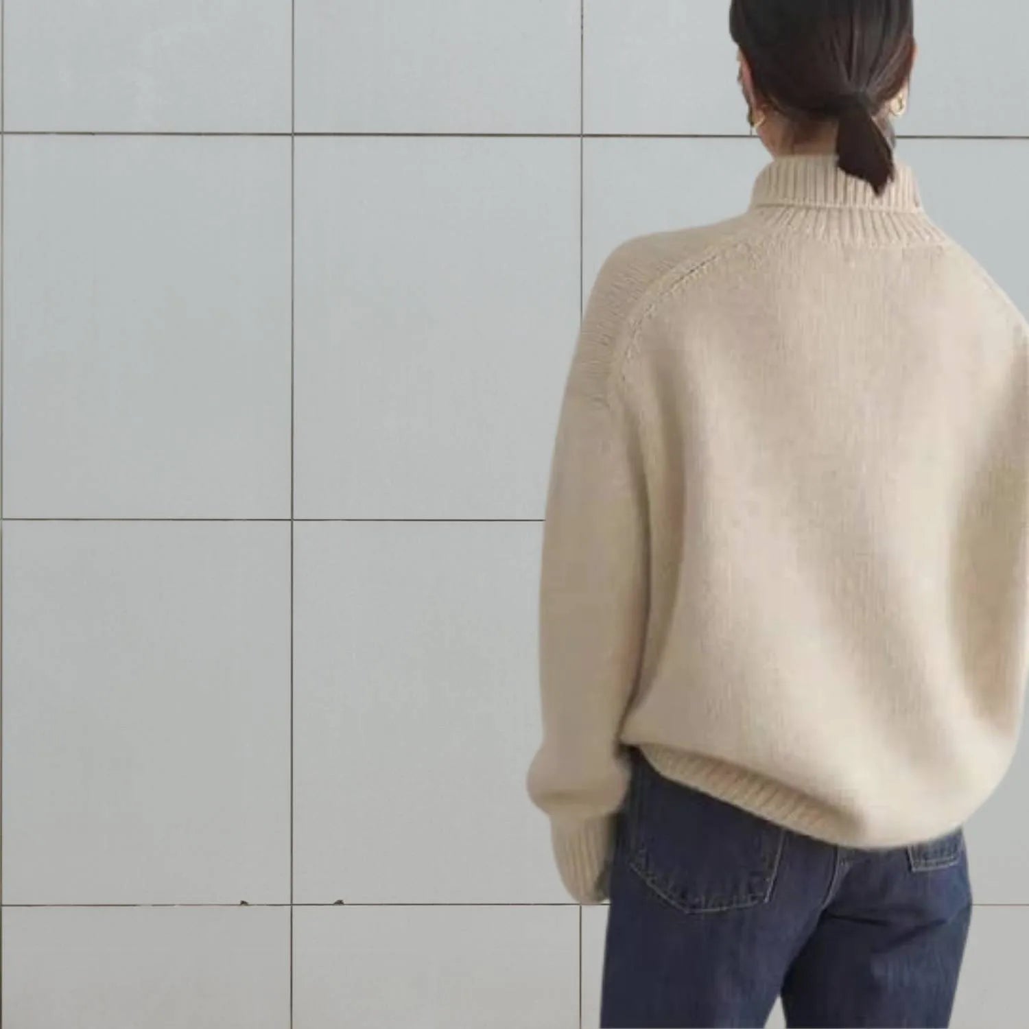 Women's Loose Fit Turtleneck Sweater-Beige