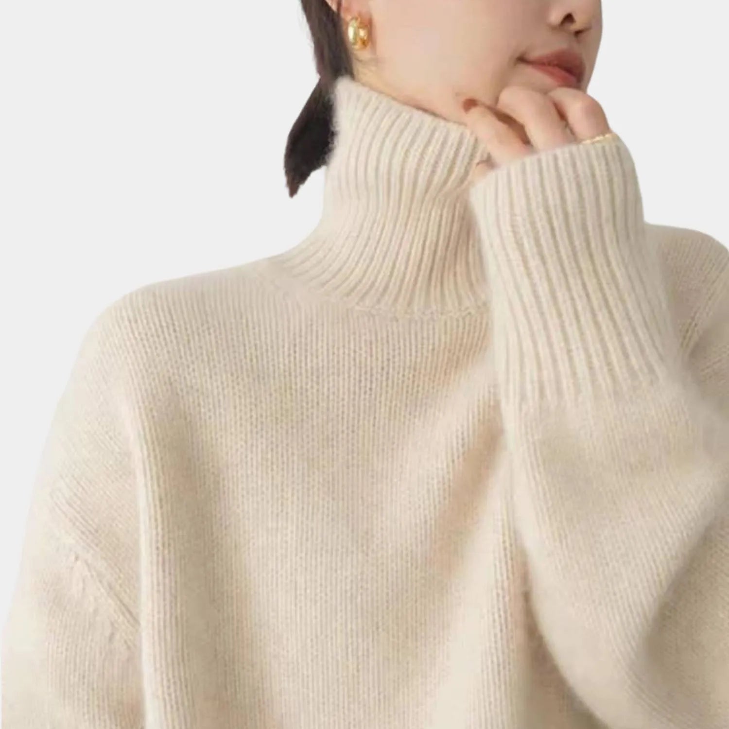 Women's Loose Fit Turtleneck Sweater-Beige