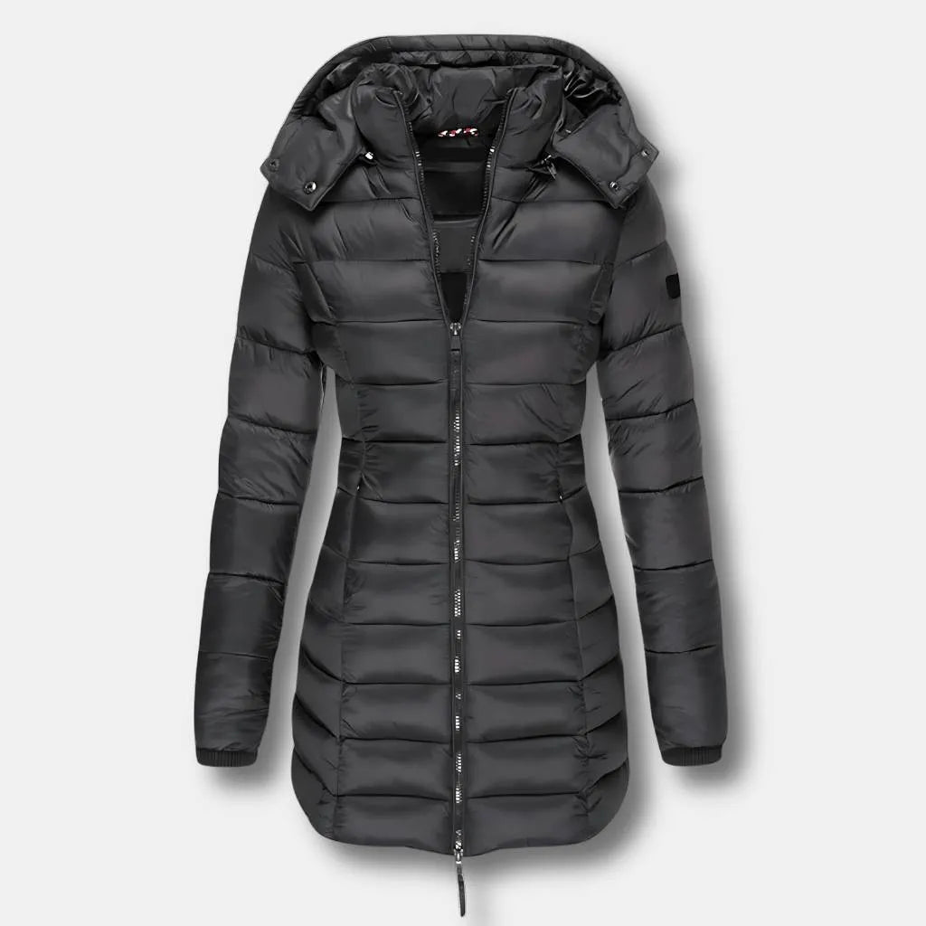 Women’s Padded Long Coat with Hood and Insulated Lining-Black