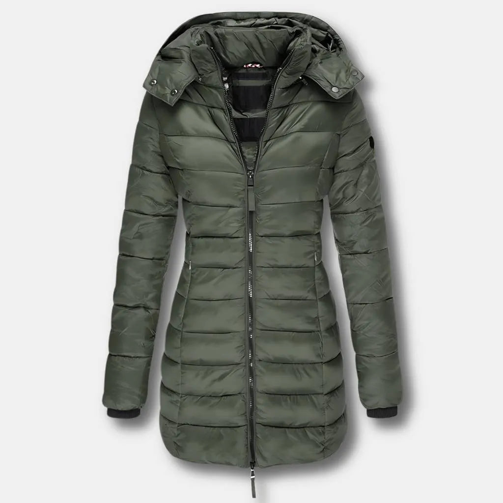 Women’s Padded Long Coat with Hood and Insulated Lining-Green