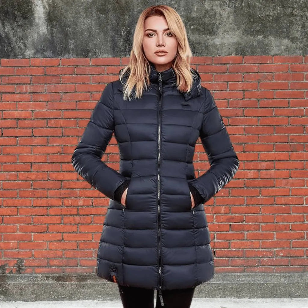 Women’s Padded Long Coat with Hood and Insulated Lining-Navy Blue