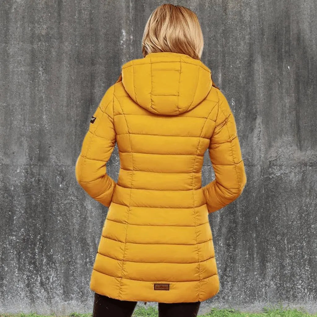 Women’s Padded Long Coat with Hood and Insulated Lining-Yellow